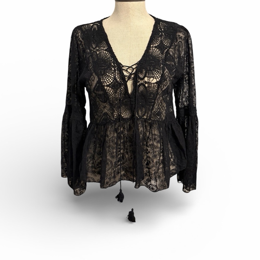 Lace Babydoll Bell Sleeve Crochet Black Overlay Blouse Peplum Women WhimsiGoth S